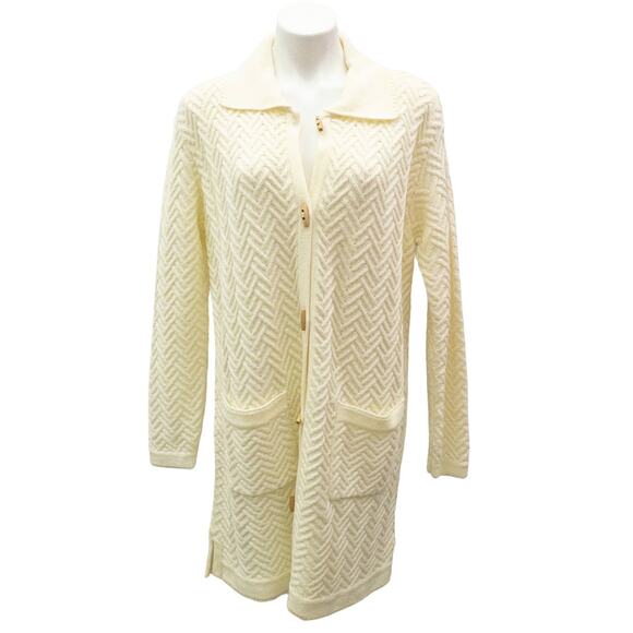 Denim & Co Long Line Toggle Chevron Knit Patch Pockets Cardigan Cream Large - Picture 1 of 3
